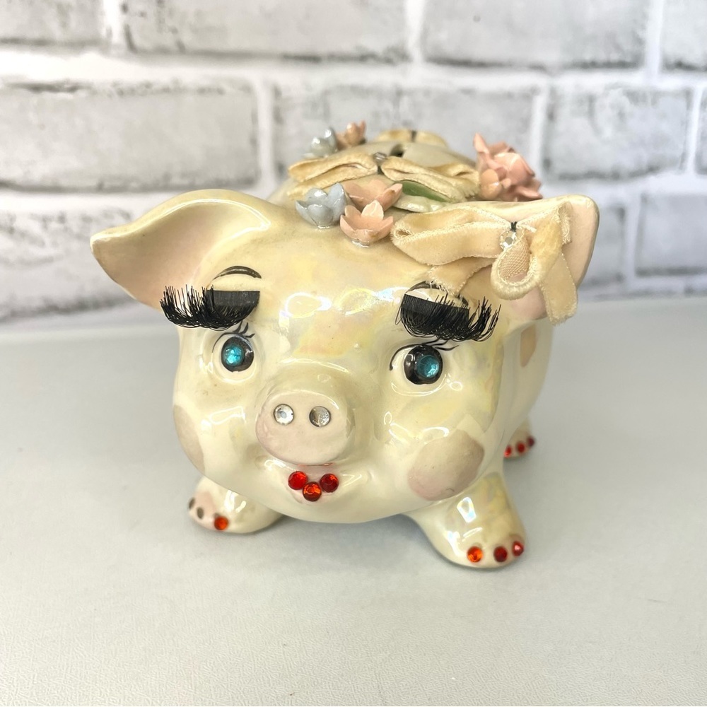 Vintage Lefton/Ann Shaffer Originals Ceramic Painted Embellished Piggy Bank